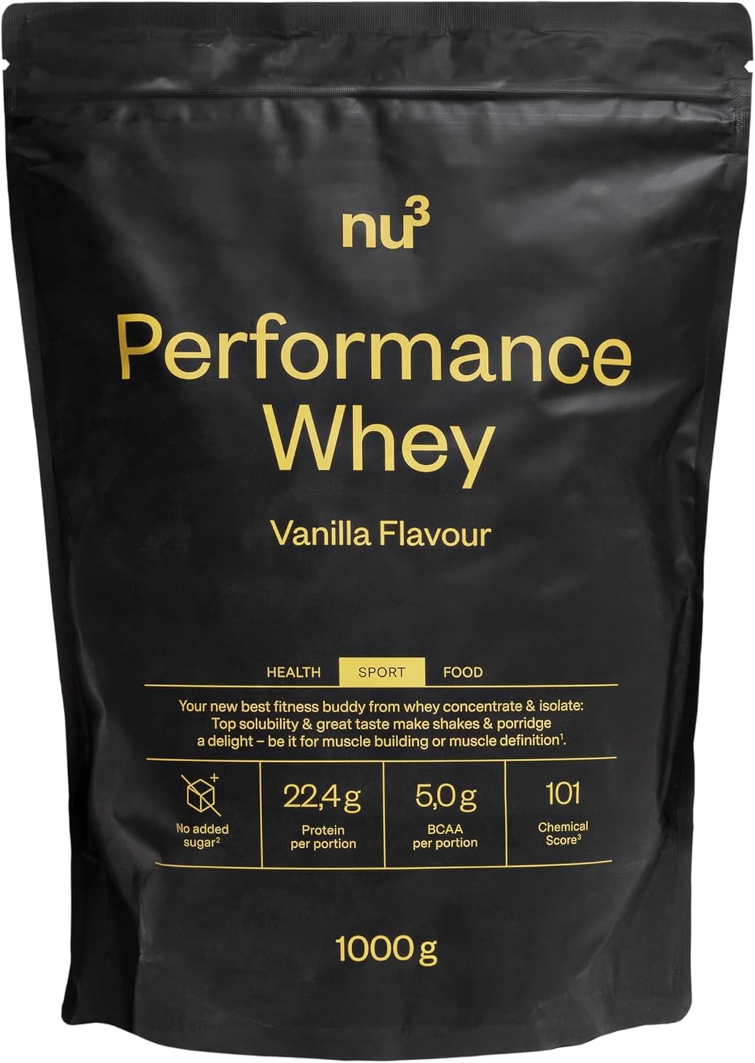 nu3 Performance Whey Protein Vanille 1kg M – Eiweißpulver für Muskelaufbau, cremig, ohne Klümpchen, gelatinefrei, ohne Zuckerzusatz, kalorienfrei, löslich in Wasser & Milch, ideal für Sportler 1000 g