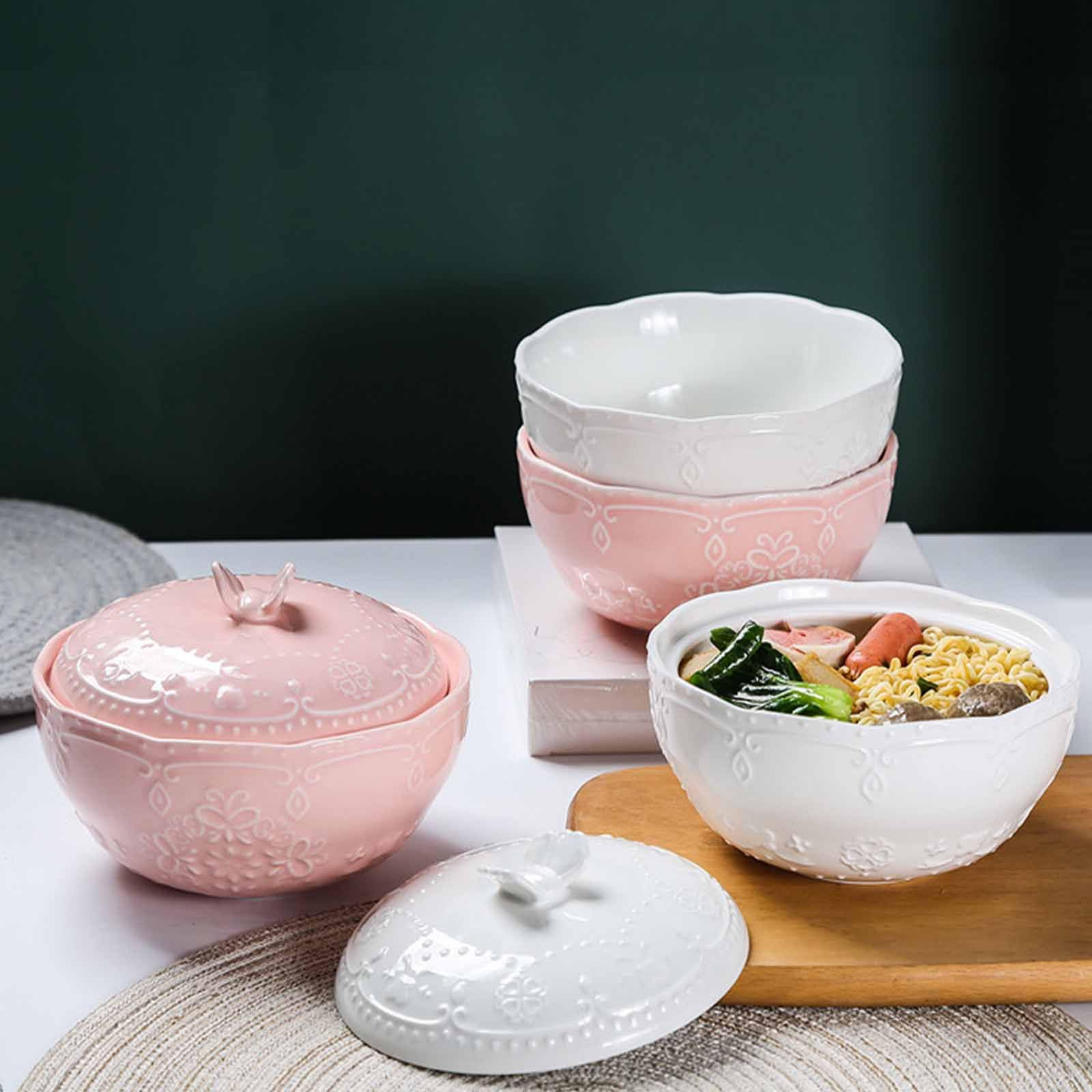 Ciotola da zuppa con coperchio, ciotola bassa, ciotola per noodle, ciotola per ramen in ceramica, ciotole Pho grandi (rosa, 680 g)