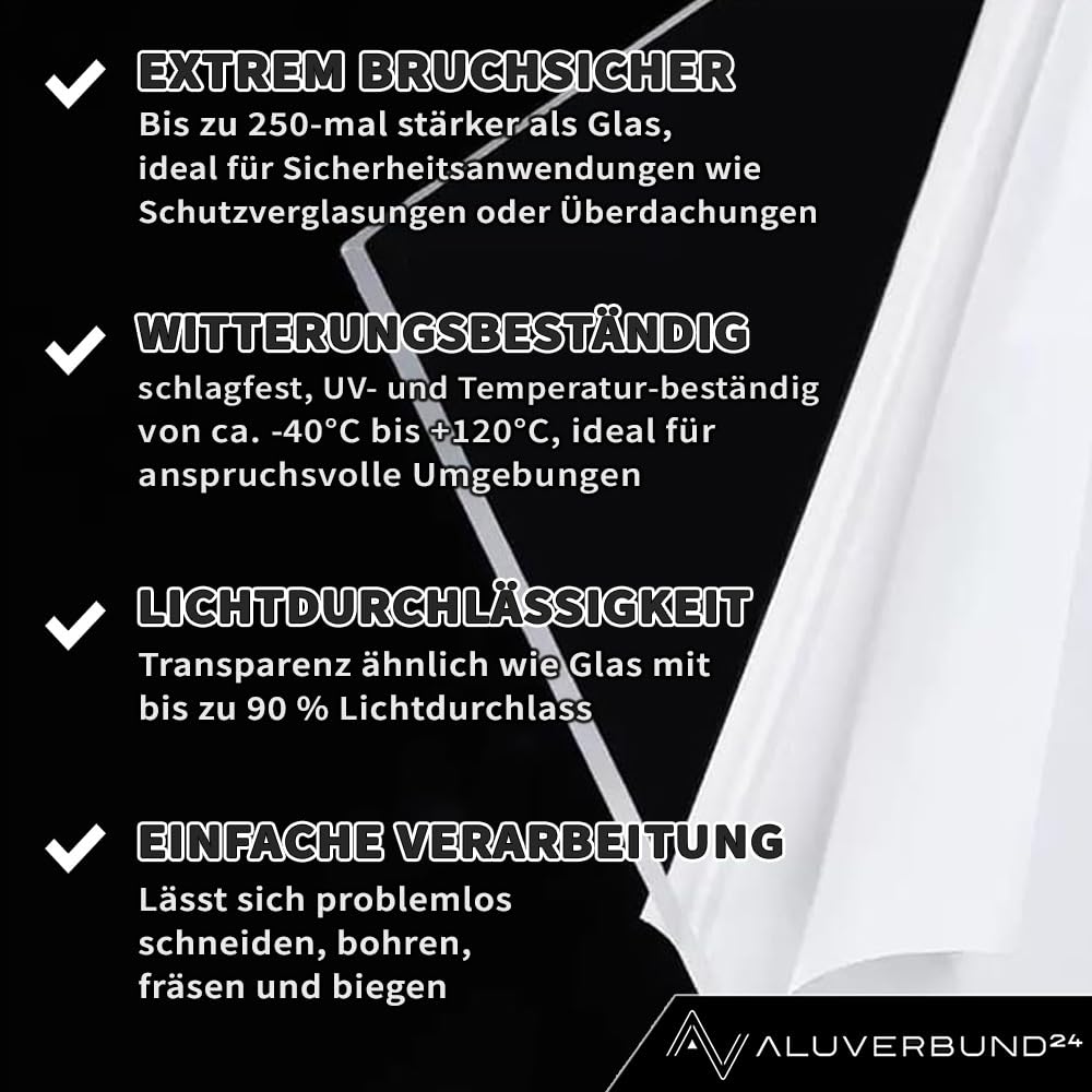 Polycarbonat Platte 100x150cm 6mm dick - Glas-Klar Bruchsicher Schlagfest Biegbar UV-beständig - Zuschnitt nach Maß - PC Kunststoff-Glas transparent - Sicherheits-Verglasung Gewächshaus-Platte