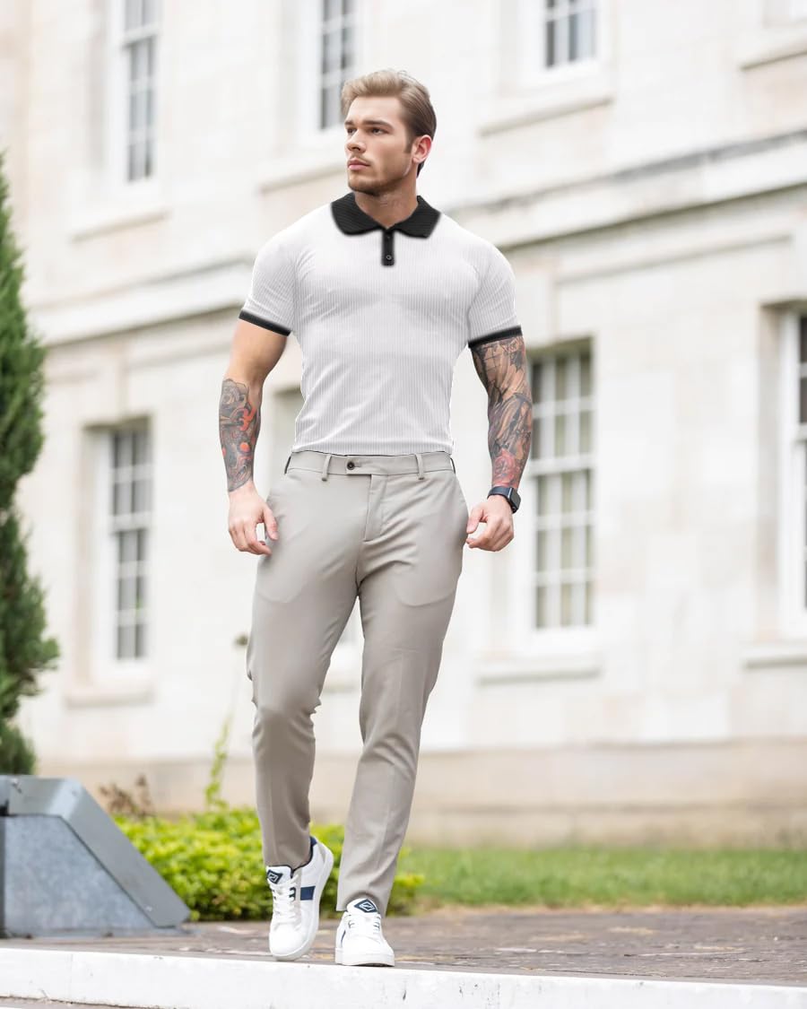 Lehmanlin Muscle Polos pour Homme à Manches Longues et Courtes T-Shirts décontractés Slim Fit Stretch côtelé Golf Tops