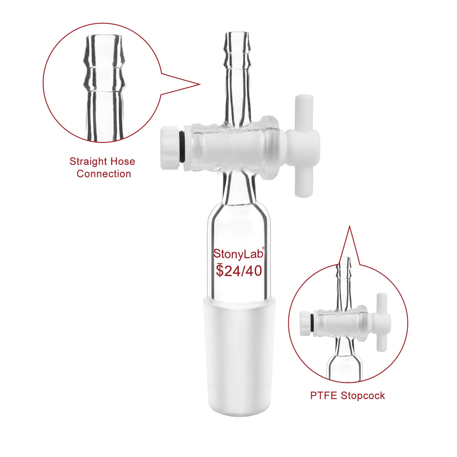 stonylab Adaptateur en Verre, Adaptateur de Contrôle de Débit de Vide en Verre Borosilicaté avec Robinet PTFE, Raccord 24/40 et Connexion de Tuyau Droite Verrerie de Laboratoire