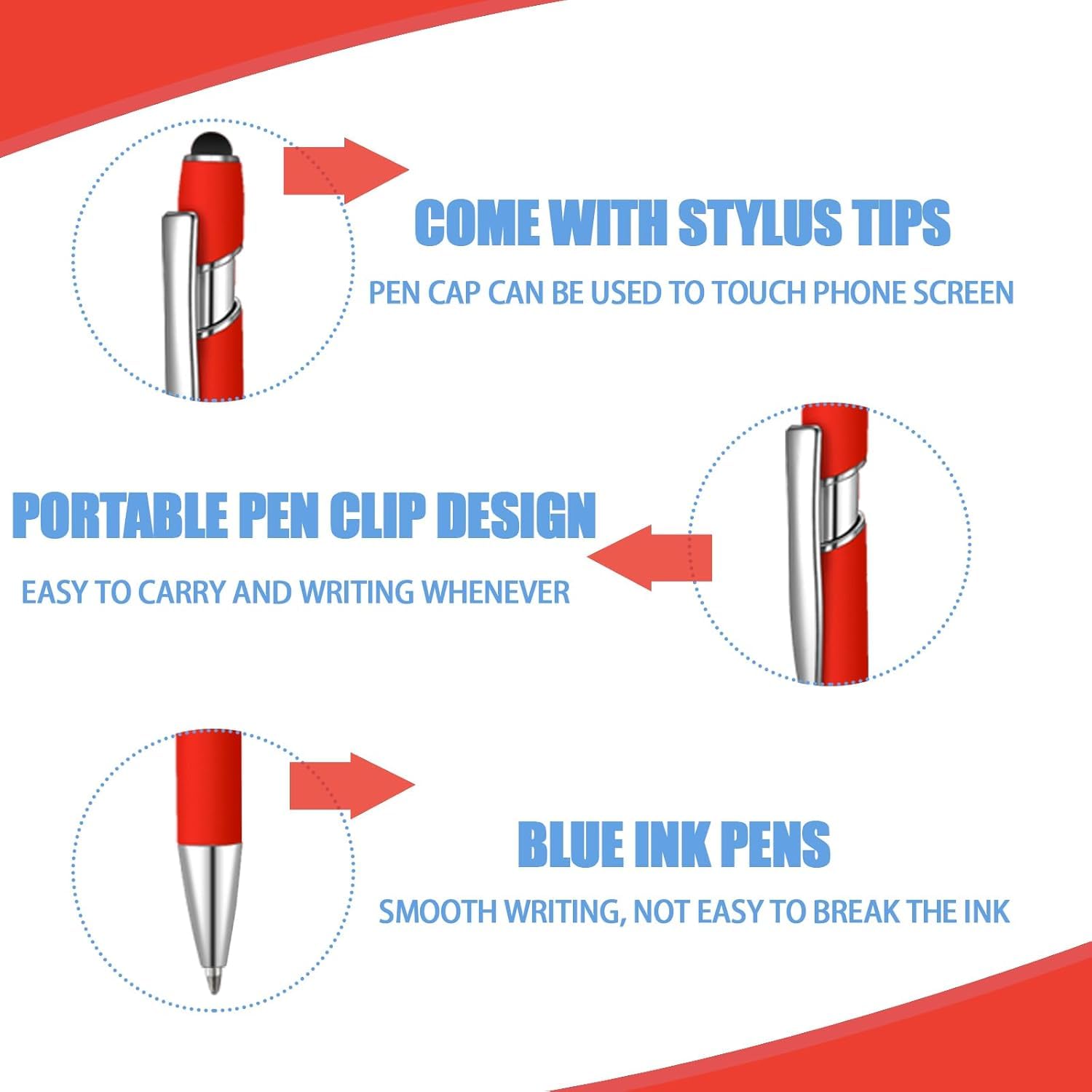 Lot de 50 stylos à bille bleus avec stylet 2 en 1 pour écrans tactiles, stylo de remerciement 2 en 1 pour collègues, collègues, bureau (rouge)