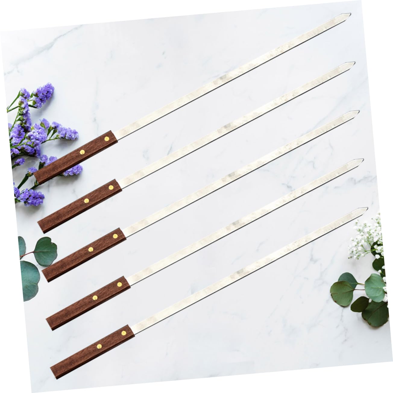 Brochetas de Barbacoa Planas 5 Unidades, Acero Inoxidable | Mango de Madera Marrón, Diseño Largo Reutilizable, para Carne y Uso Exterior