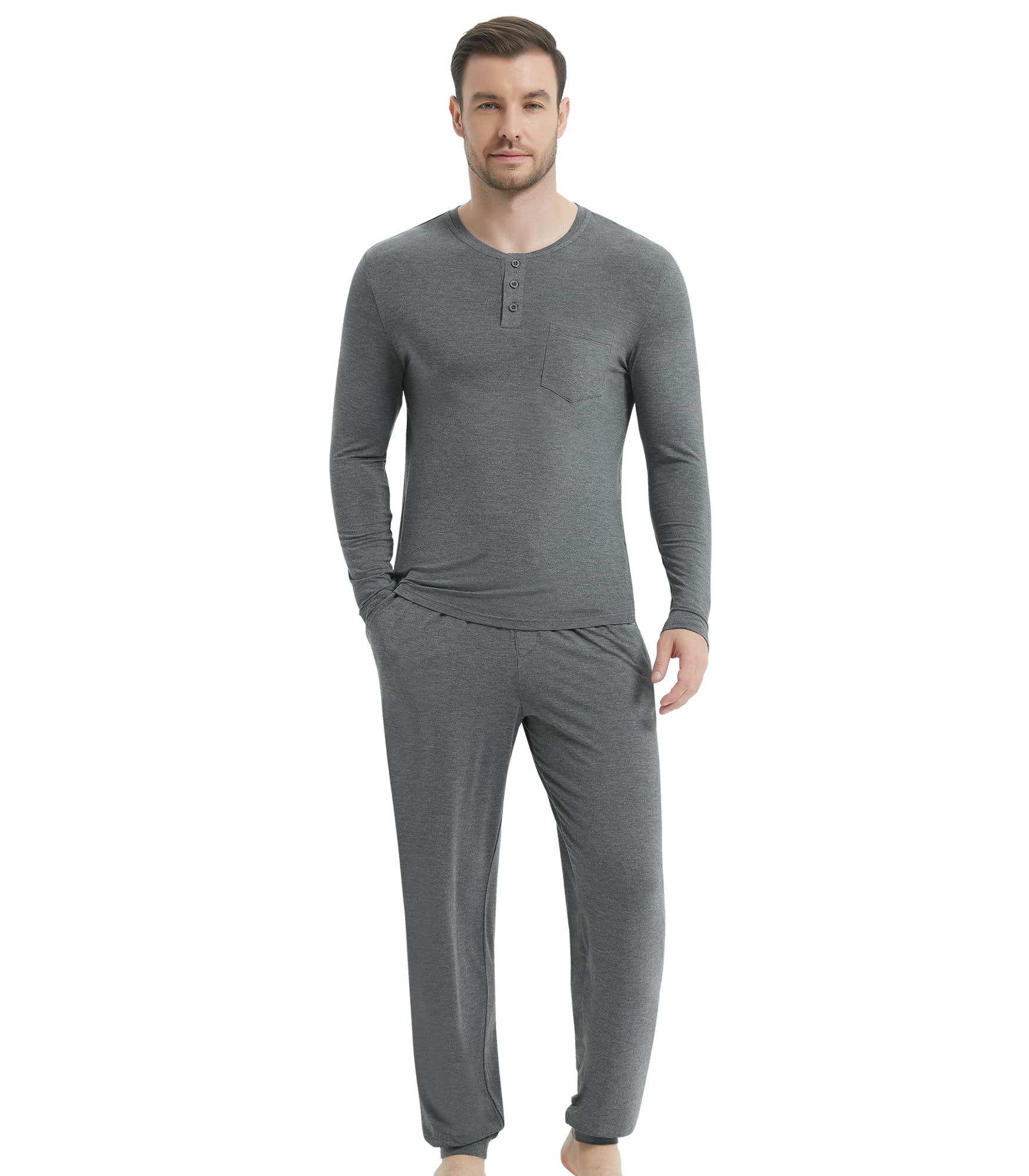 NACHILA Mens Pajamas Set Viscose Made from Bamboo Henley Top Sleep Pants