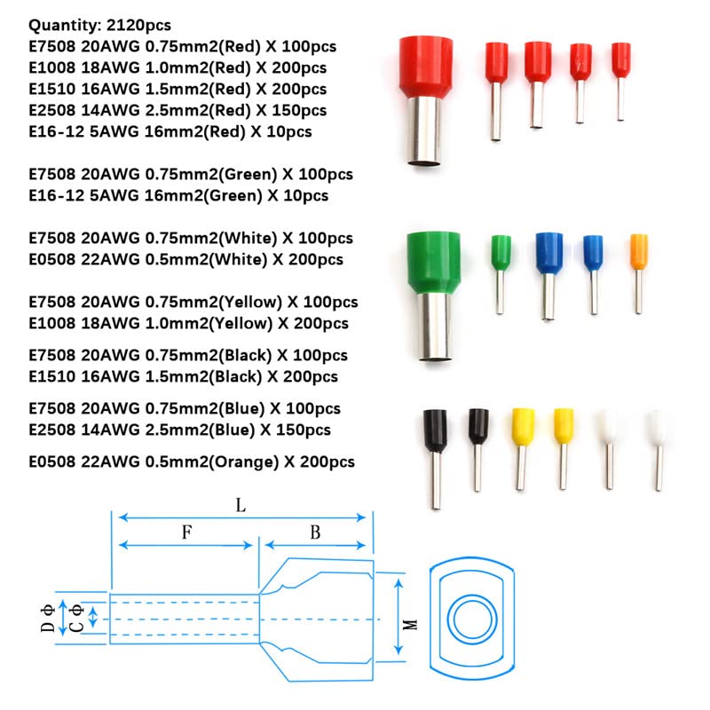 2120Pcs Copper Electric Wire Crimp Connectors Set Insulated Bootlace Cooper Ferrules Kit Cord Pin End Terminals for 22-5AWG