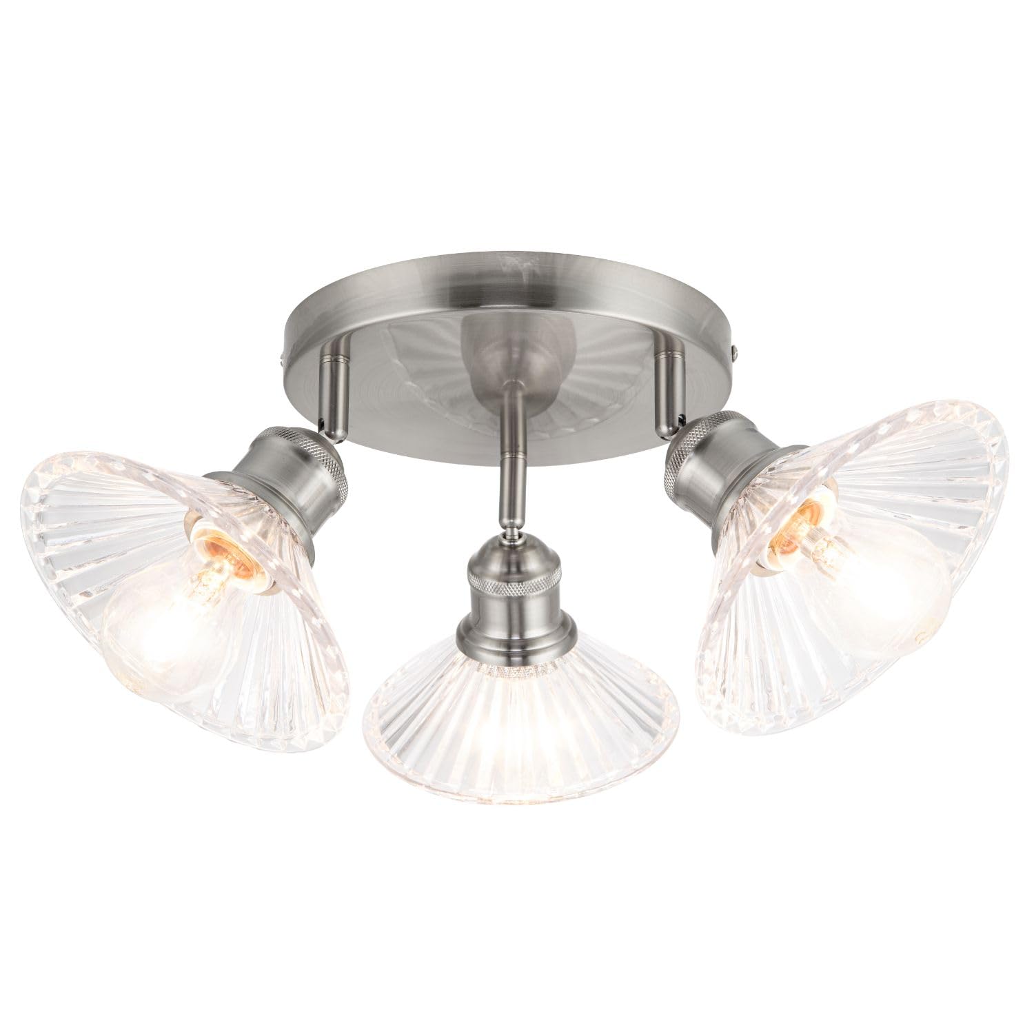 Cosylyte Milan Bathroom 3 Light Modern Round Plate Ribbed Glass Spotlight - Brushed Nickel Base, IP44, 20x20x19cm, 3xE27. Max. 15W LED (Bulb not Included)