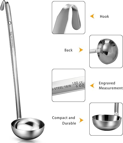 Vista 22 de meekoo Cucharón de acero inoxidable con mango de sopa con borde de vertido para cocina, cocina, salsa de sopa (4 onzas)