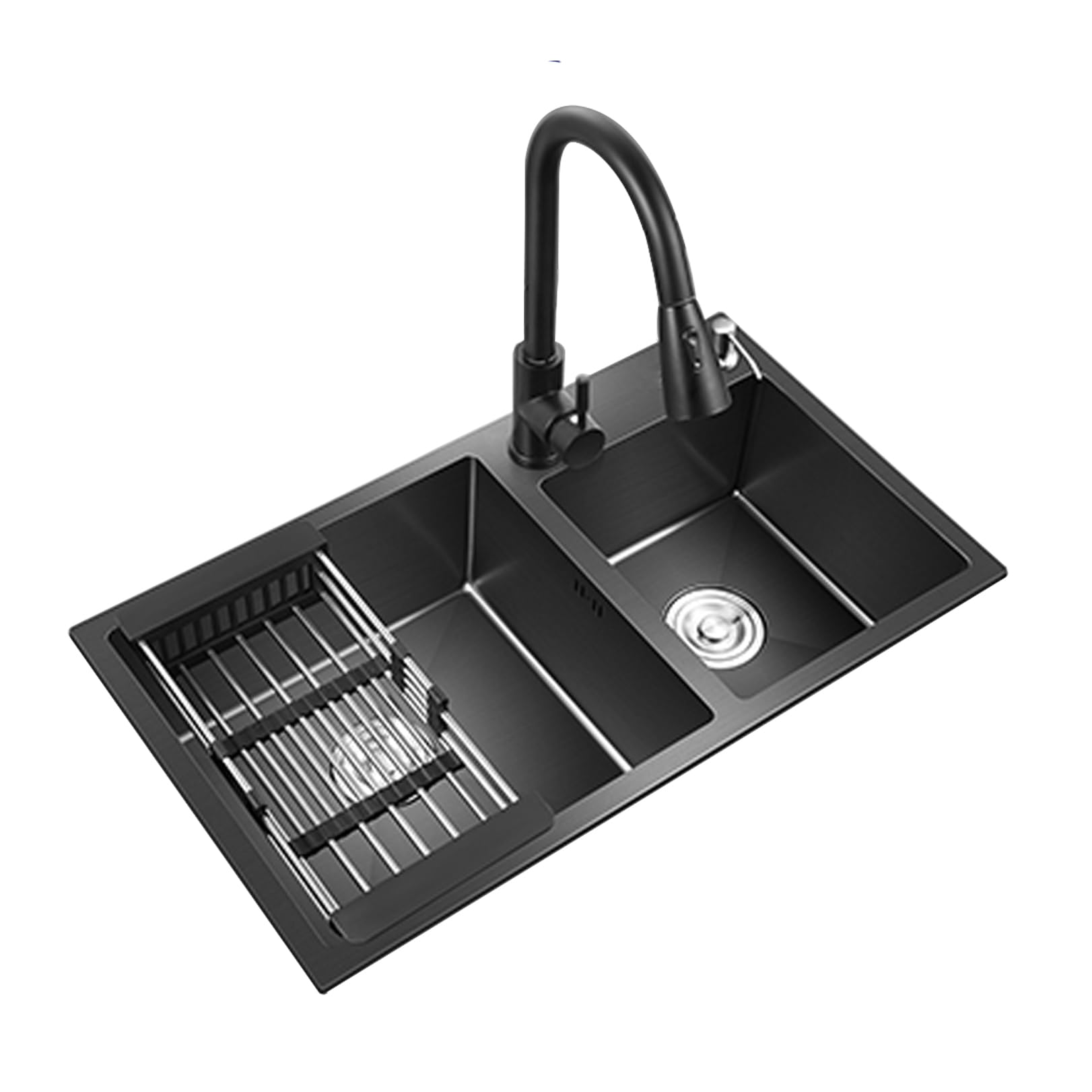 ZQFHSX Stainless Steel Black Sink Square Double Kitchen Undermount Built-in with Soap Dispenser, 2 Tap Holes Campervan Sink, Topmount & Flushmount