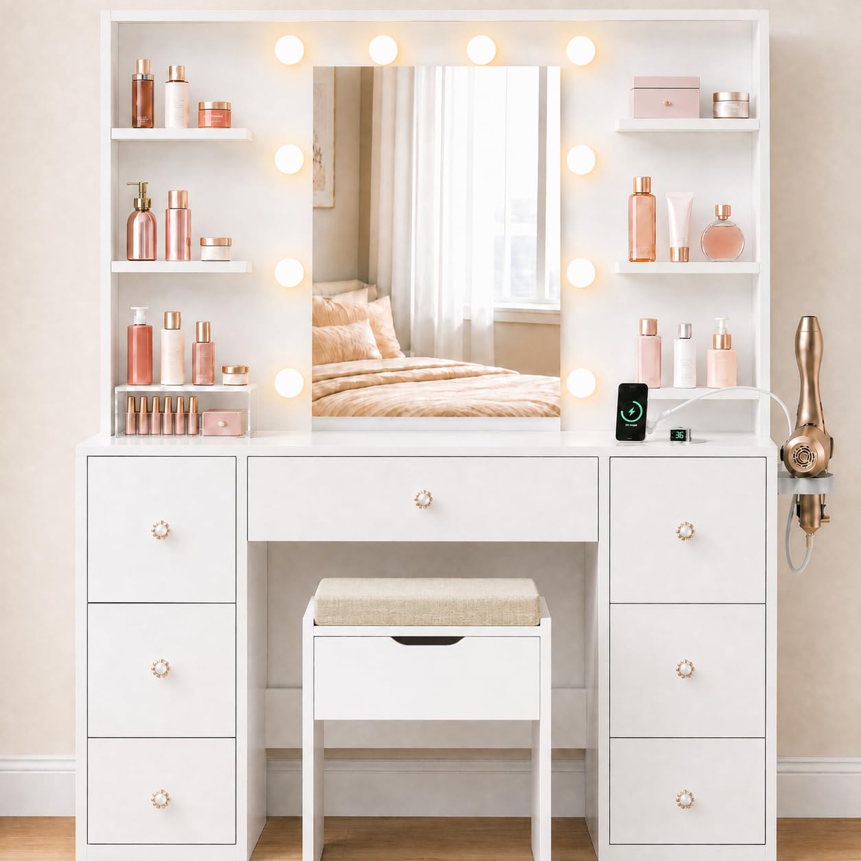 Claiks Dressing Table with Mirror and Stool, Vanity Desk Set with 10 LED Bulbs, 7 Drawers & 6 Storage Shelves, Makeup Table with Power Outlet, USB Ports & Hair Dryer Holder, White