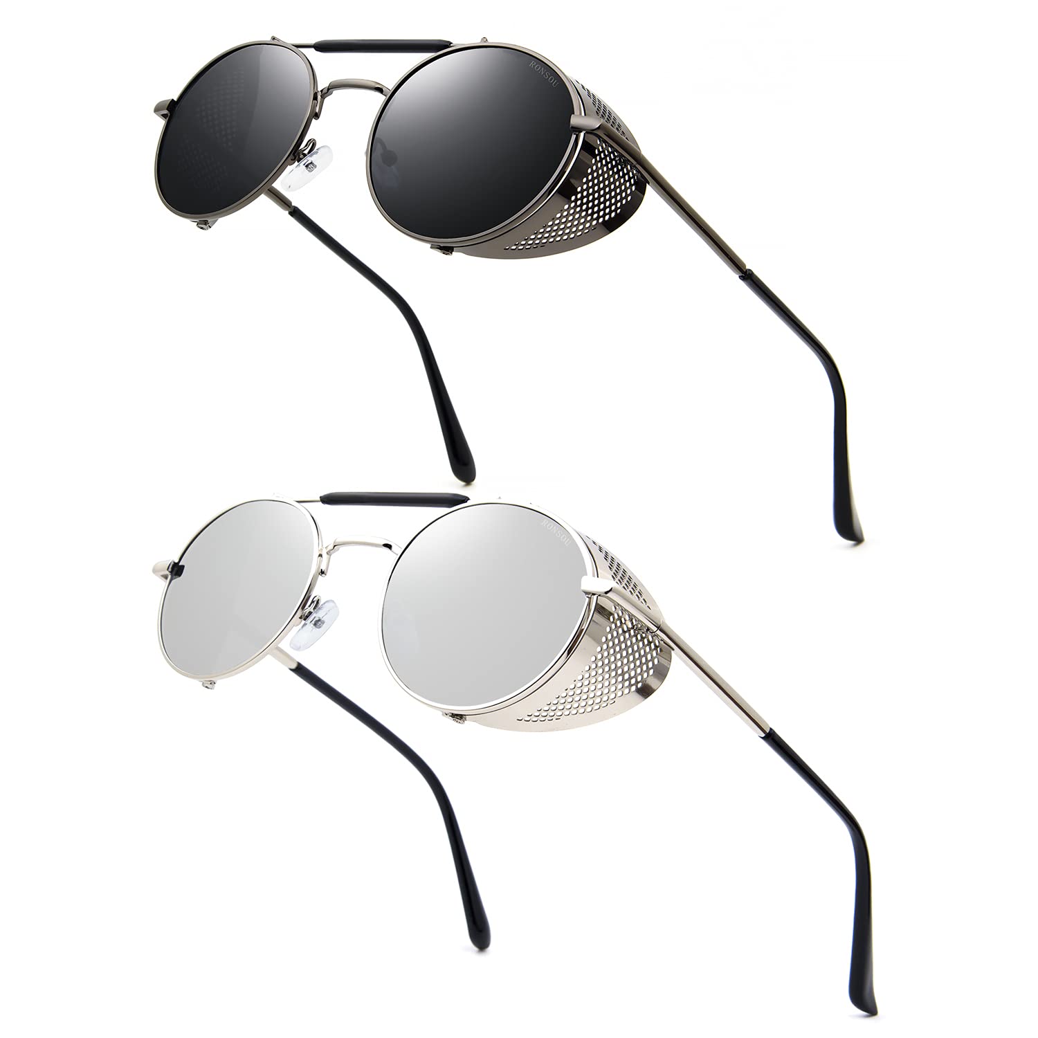 RONSOU Steampunk Round Sunglasses for Men Women, Side Shields
