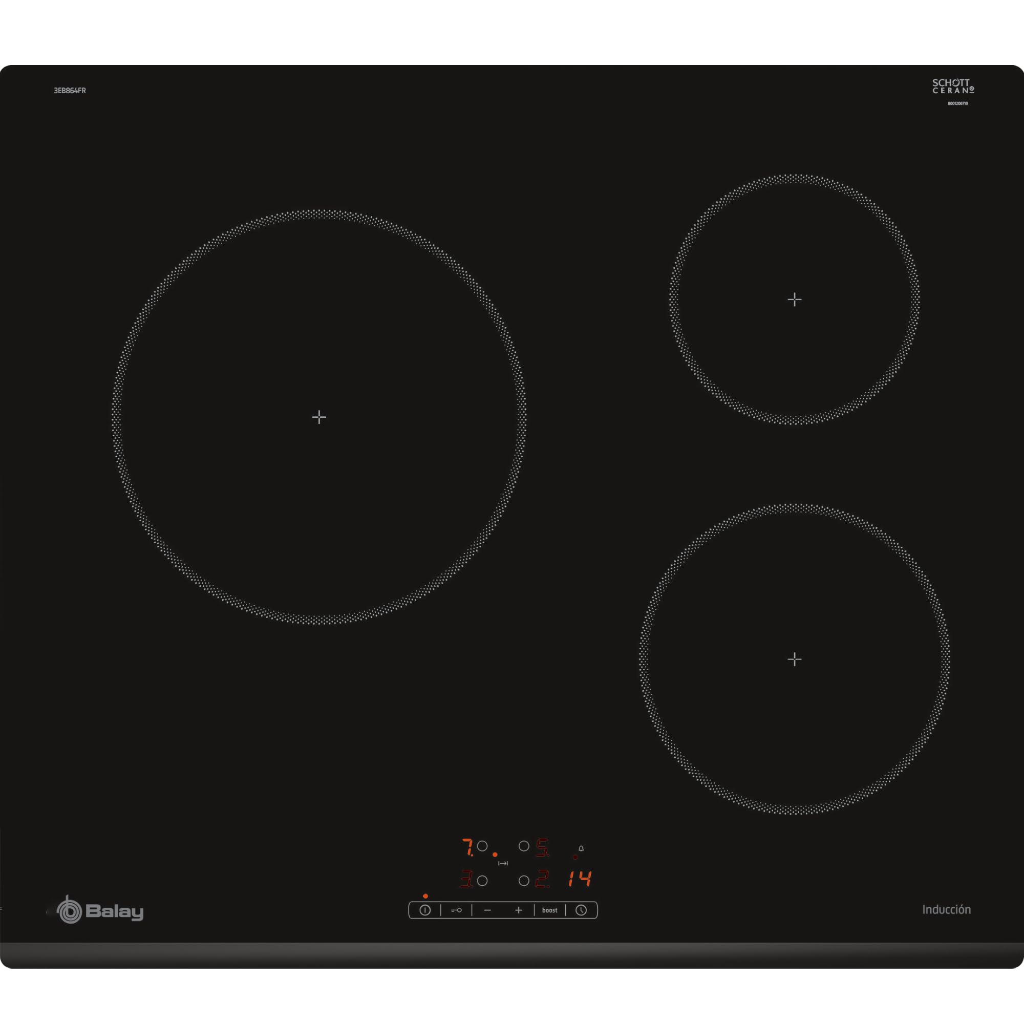 Balay 3EB864FR - Encimera, Inducción, Encastrable, 60 cm, 3, Negra/Bisel delantero, Control táctil de fácil uso, zona de 24 cm