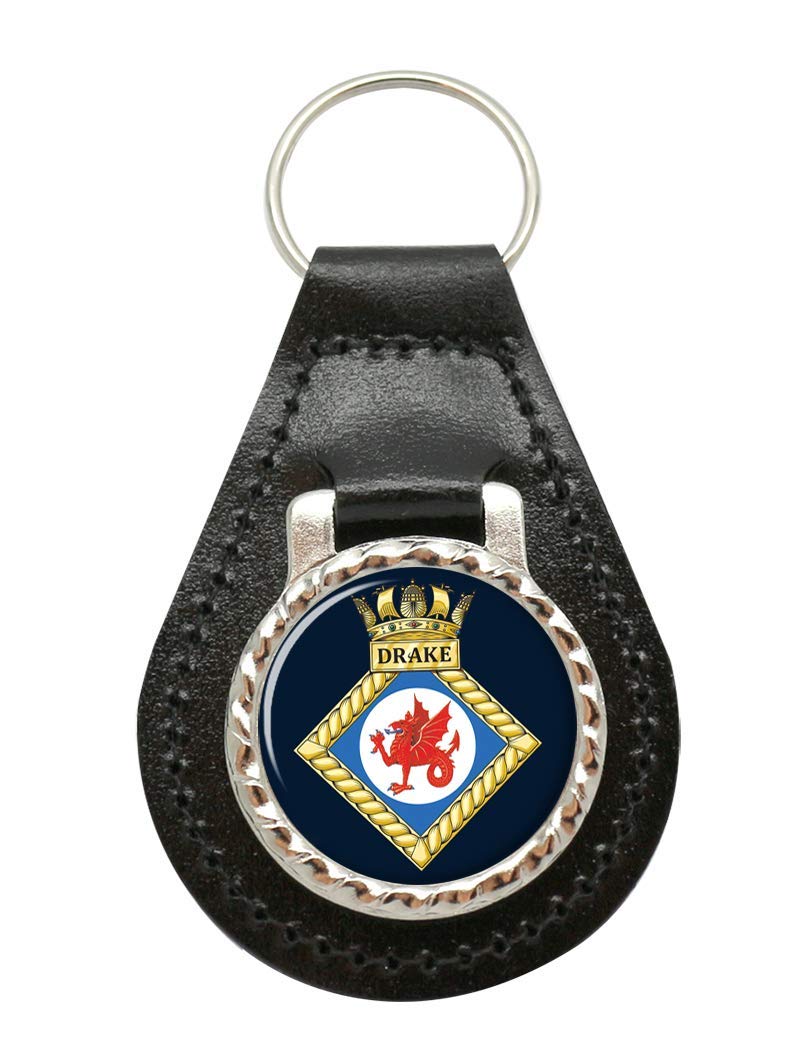 Giftshop Uk Unisex Black Leather And Silver Metal Hms Drake, Royal Navy Leather Key Fob
