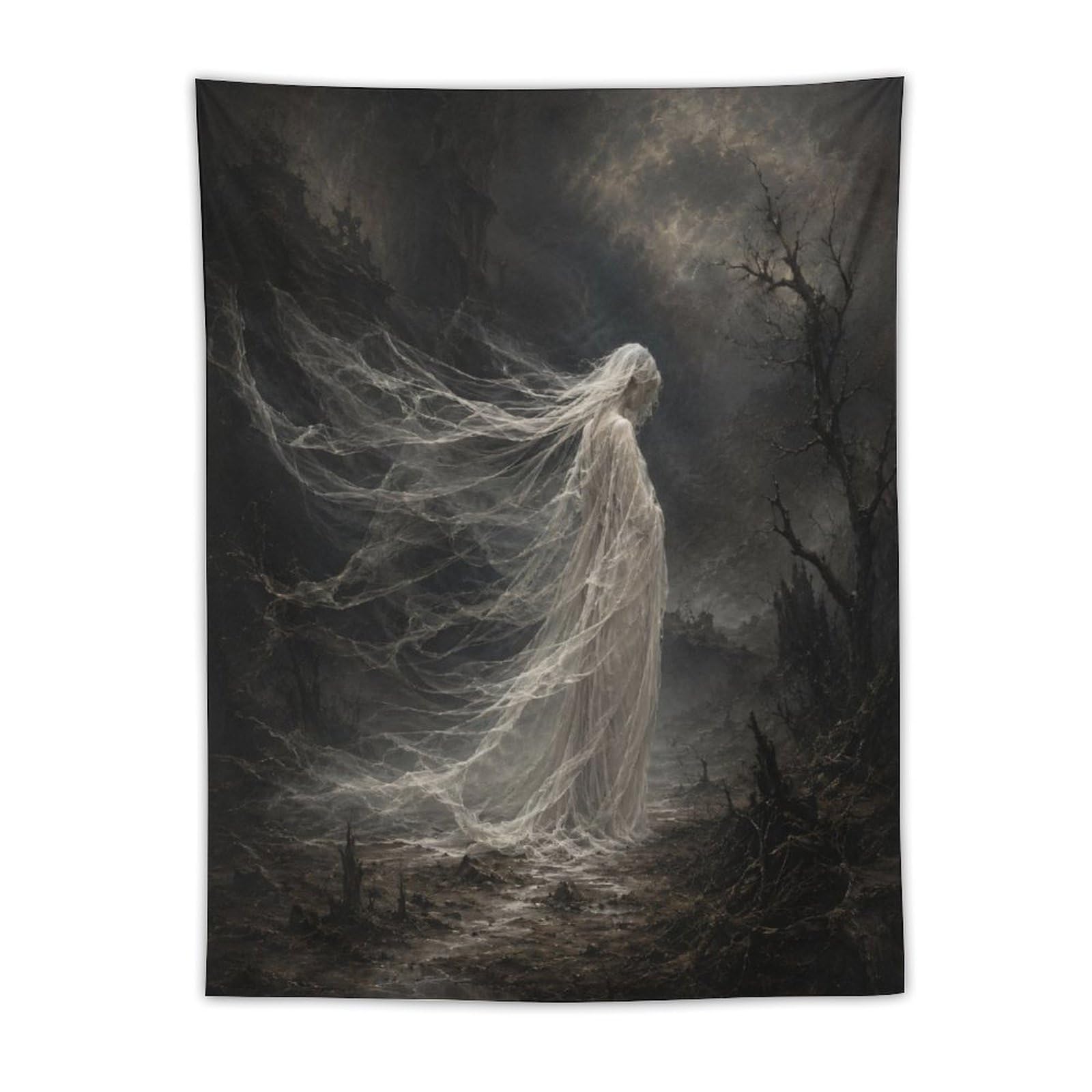 W7C8U2X3 Stormy White Ghost Wall Tapestry, Dark Fantasy Illustration