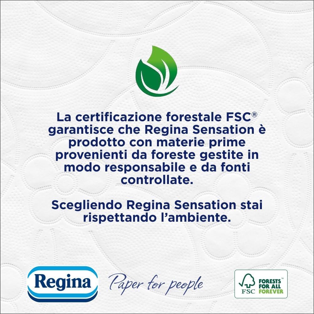 Regina Sensation - 42 Rotoli di Carta Igienica, 160 Soffici Strappi a 3 Veli, Morbida e Resistente, Con Estratto Naturale di Cotone, 60% Plastica Riciclata