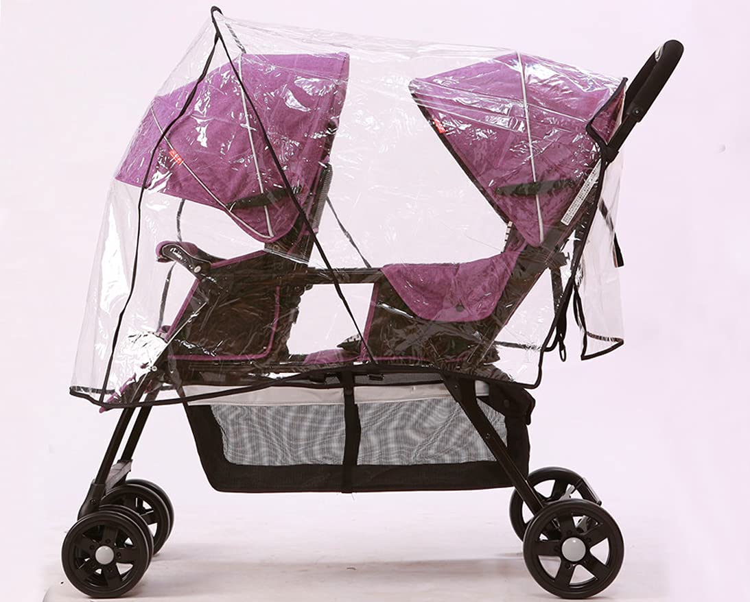 Housse de pluie universelle imperméable Double Housse de Capuche PVC Protection de siège jumaux pour Landau Bébé Habillage Poussette avant/arrière/côté Couverture à 360 ° (Transparent2)