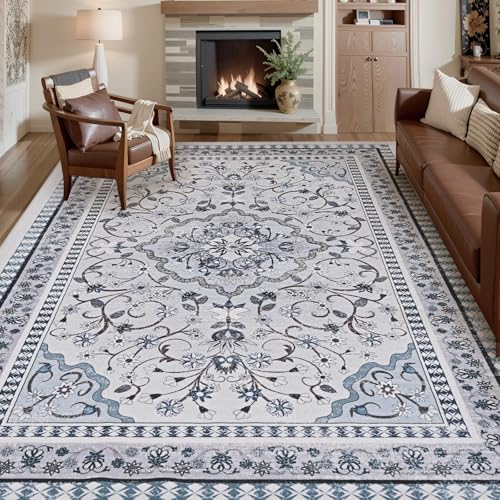 Image of BLEUM CADE 5' x 7' Blue Boho Washable Rugs for Living Room | Low Pile Non-Slip Area Rugs for Bedroom Dining Room Kitchen Classroom Office Nursery Playroom