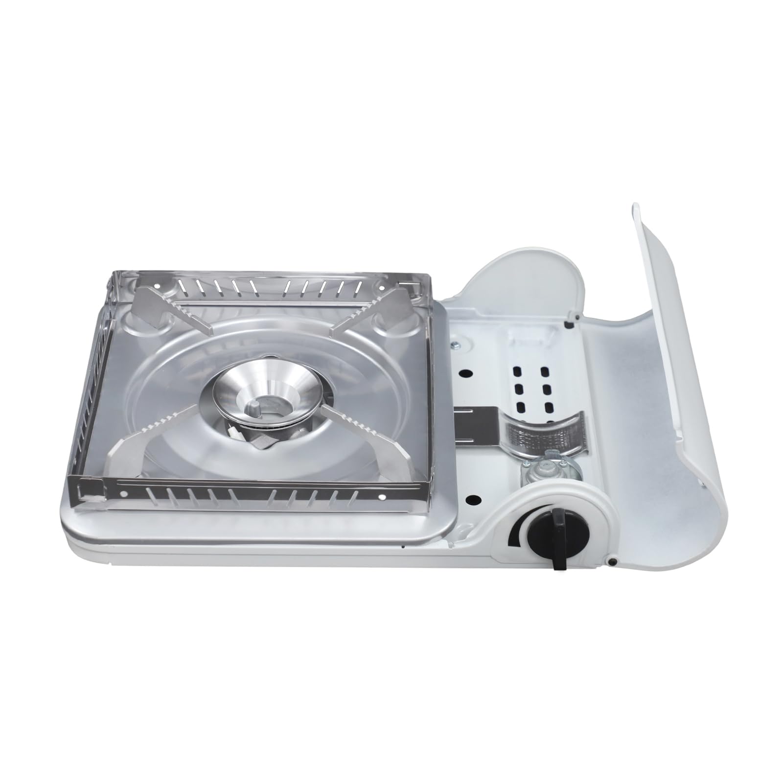 Hornillo de camping portátil con cartucho de gas, cocina de gas butano compacta de aluminio, 1 fuego, estufa de gas Stove con control de llama, pies antideslizantes y asa de transporte (blanco)