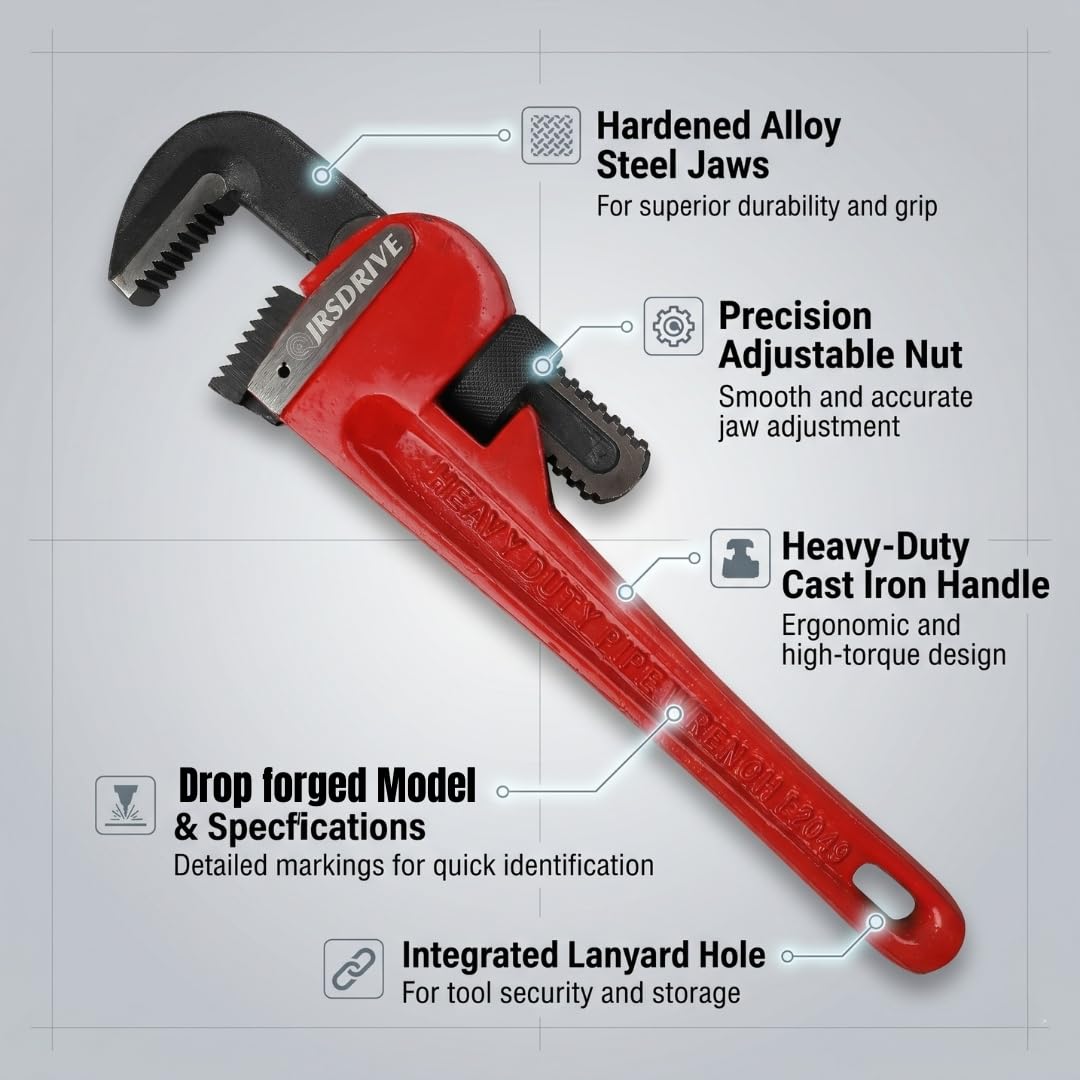 Eastman Pipe Wrenches Set Of 1Pcs, 24/600 Mm, Drop Forged Steel Induction Hardened Teeth Ideal for Construction & Heavy-Duty Applications for Industrial & Professional Use (E-2048) 3