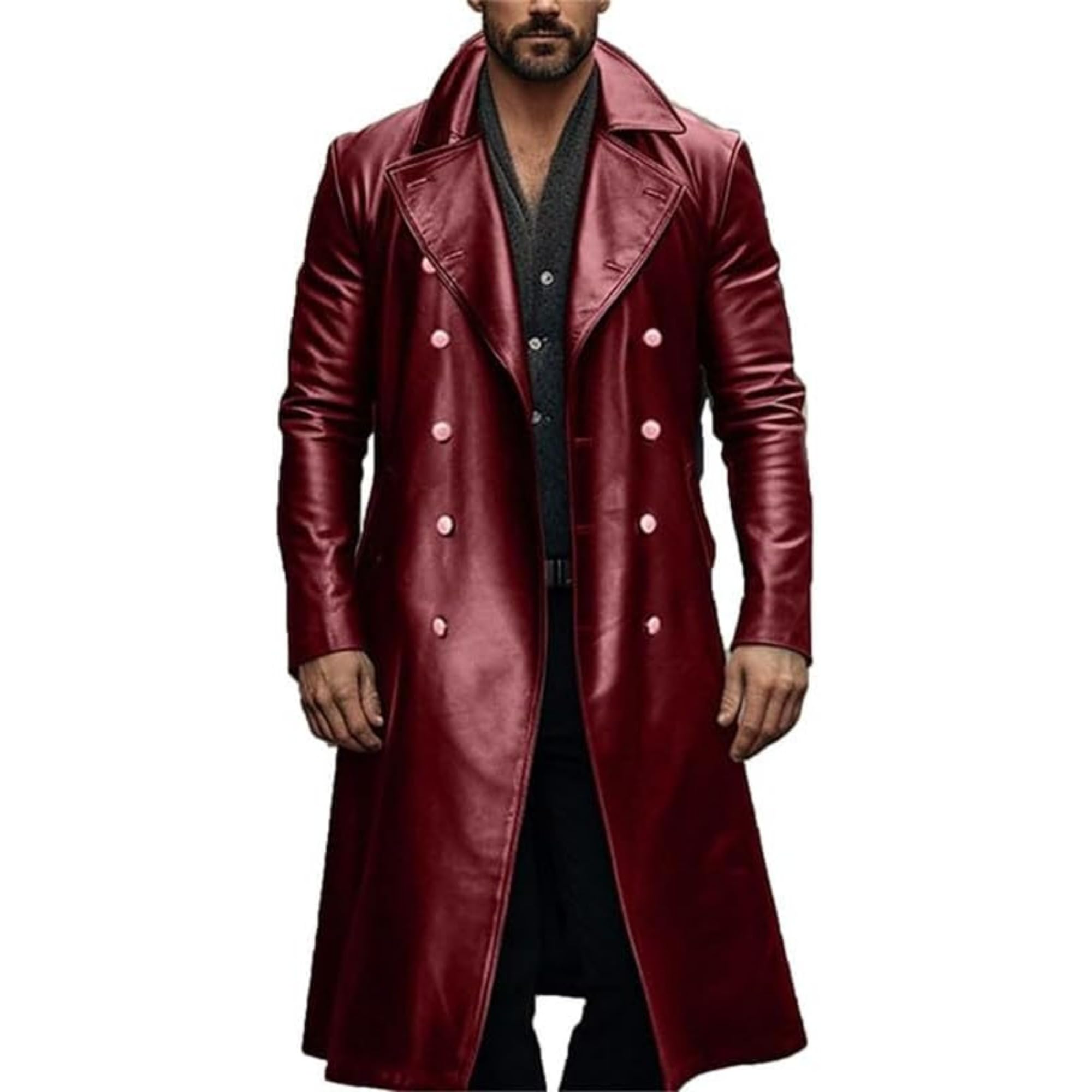 Maiyifu-GJ Mens Retro Faux Leather Trench Coat Full Length Steampunk Long Overcoat Vintage Open Front Cardigan Jacket