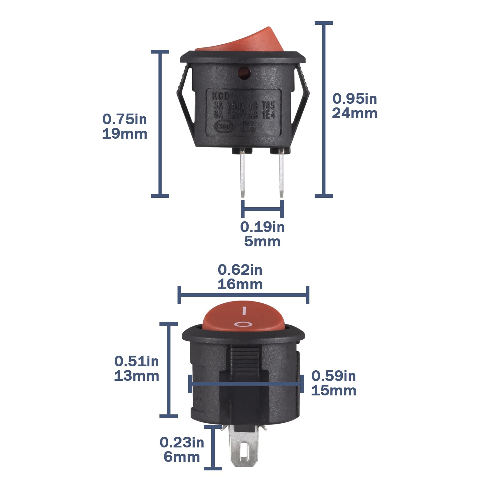 VEXUNGA Round Rocker Switch Red On Off 2 Pin Mini Round Toggle Switch 3A 250V 6A 125V 15MM Circle Switches for RV Car Truck Boat (Pack of 10pcs)