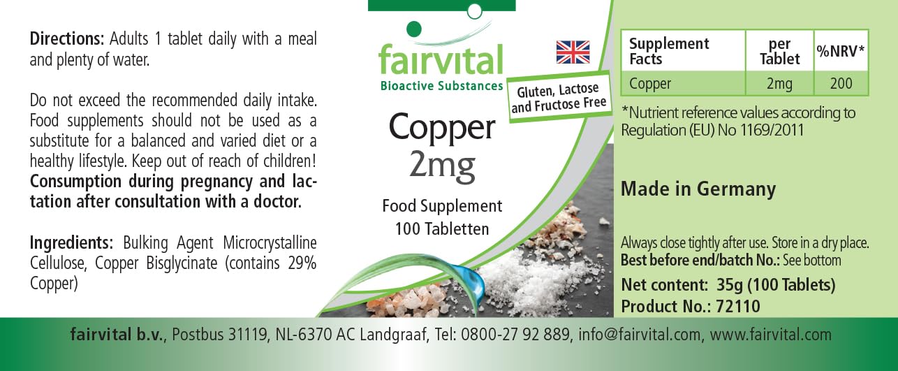fairvital Compresse di rame 2 mg, ALTO DOSAGGIO, integratore alimentare a base di bisglicinato di rame, vegano, 100 compresse, facili da deglutire