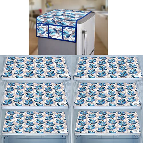 Image of Polyester 3-Layered Fridge Top Cover /Refrigerator Cover With Utility Pockets and Set of 6 Pc Fridge Mats (Color- Leaf Blue, Size-39x21 Inch)