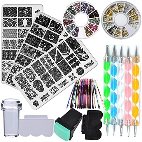 Nail Art Stamping Plate Kit Flower Geometric Image Stamping Template Stamper Scraper Rhinestones Decorations Mandala Dotting Pen Nails Striping Tape Manicure DIY