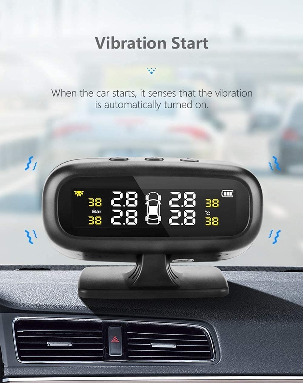 Tire Pressure Sensor Tire Pressure Monitoring System TPMS Solar Tire Pressure Monitor 6 Alarm Modes Flexible Charging Method with 4 External Sensors Car Tire Real-Time Wireless Auto Alarm System