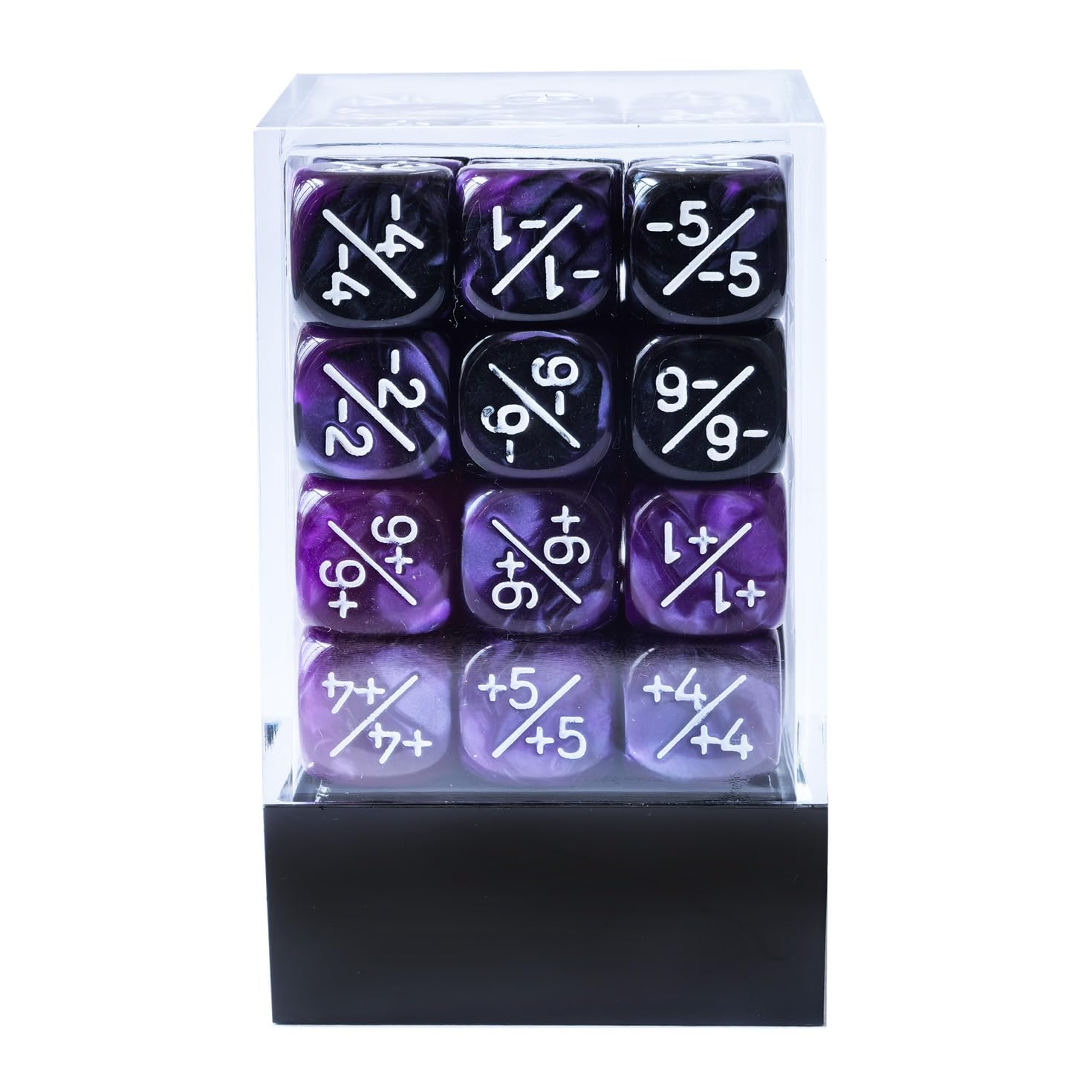 Set di 36 contatori per dadi positivi e negativi da 12 mm in marmo viola e nero Gemelli, dadi a gettone piccolo compatibili MTG, CCG, giochi di carte