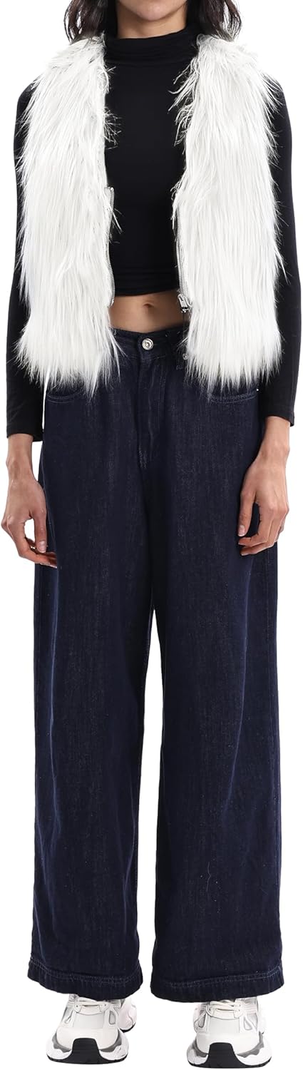 Womens Faux Fur Vest Zip Up V Neck Sleeveless Open Front Cardigan Top Fuzzy Coats Jacket Fluffy Outwear with Pockets - Image 3