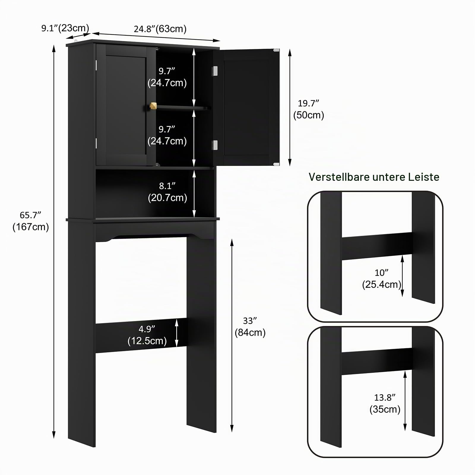RRX WC-Aufbewahrungsschrank, Badezimmer-Organizer, 63 x 23 x 160 cm (L x B x H), freistehender Toilettenständer mit verstellbarem Regal und offenem Stauraum, Doppeltüren (Schwarz)
