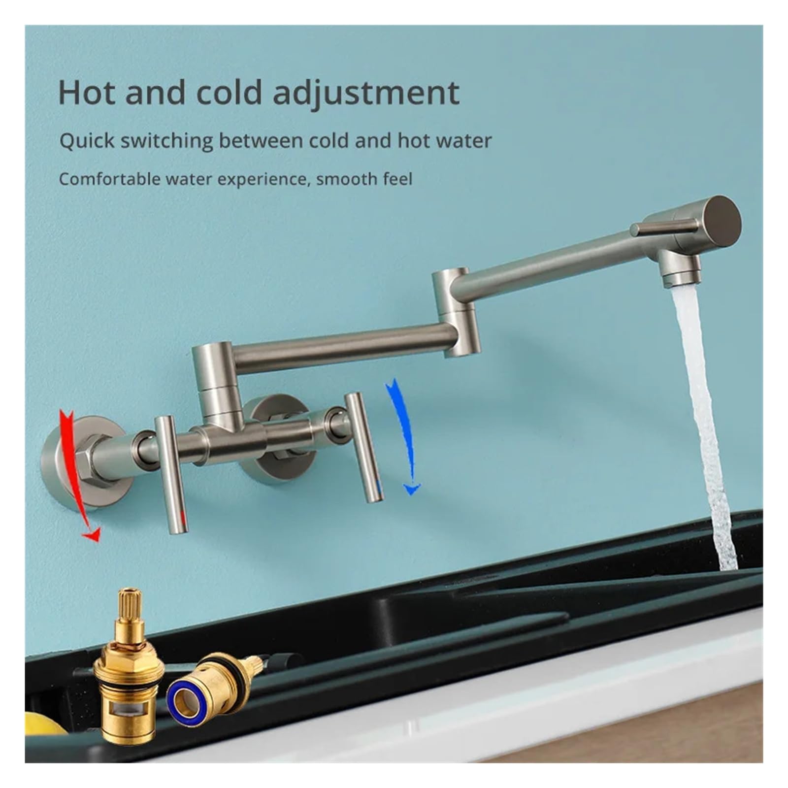Grifos mezcladores para Fregadero Grifo de Cocina Pared con caño latón Agua Caliente y fría Doble manija Ideal renovación (Modelo D)