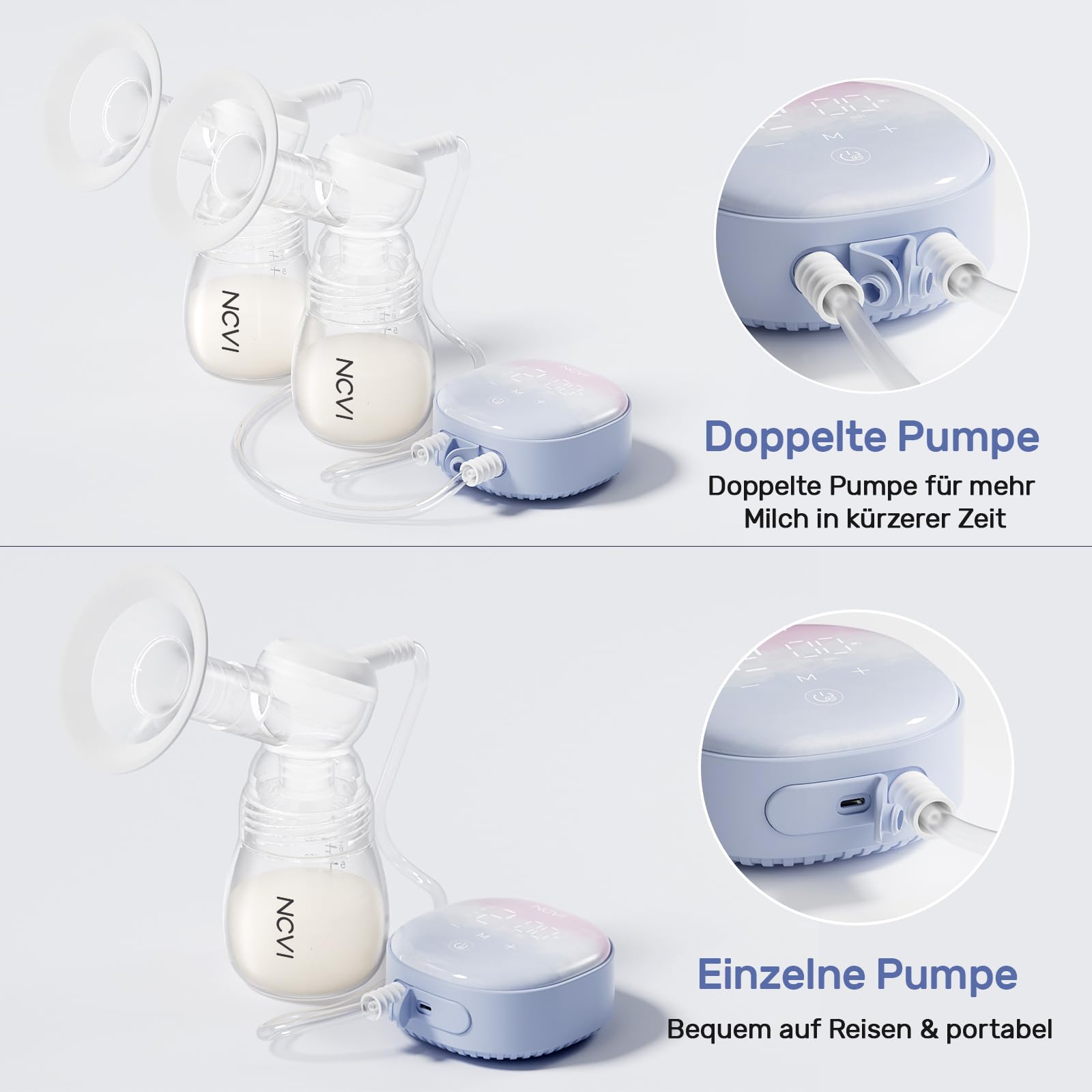 NCVI Doppelte elektrische Milchpumpe, elektrische Brustpumpe 8122 mit 4 Modi & 9 Stufen, Stillpumpe mit 21/24mm Flansch, wiederaufladbare Milchpumpe für Zuhause & unterwegs, LED-Touchscreen