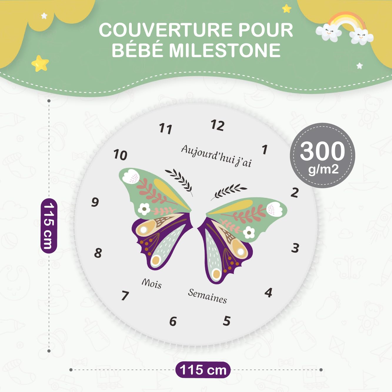 Mybabyoli Baby Stage Blanket in French, Baby Photo Mat Round 12 Months Girl, Boy, Unisex Butterfly Mat - Image 4
