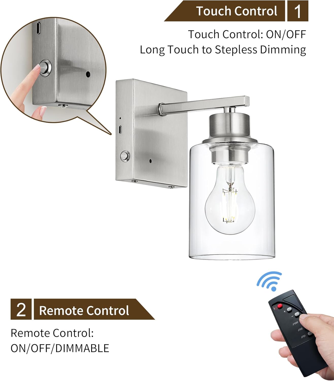 Rechargeable Battery Wall Sconce Set of Two, Wireless, Dimmable, Timer, Remote, Touch Control, 3000K, USB-C Charging for Living Room, Bedroom Nickel (Include 2 Special Bulbs)