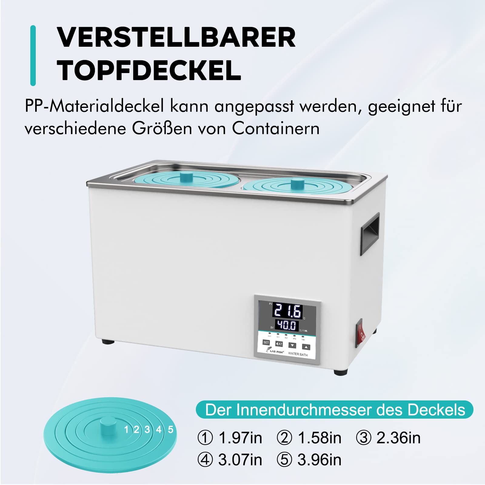LAB FISH Digitales Labor Wasserbad 6L, 600W - Doppelte Öffnung, Edelstahl - Präzises Thermostat ±0,1°C - Timer 0-999 Min - LED Display