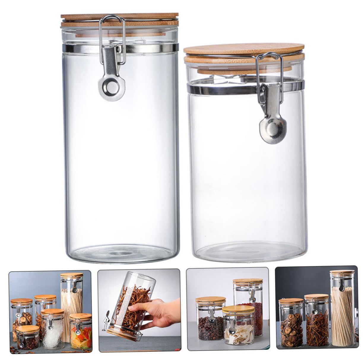 2stücke Vorratsgläser mit Deckel Luftdicht für Tee Süßigkeiten Mehl Getreide Transparente Aufbewahrungsboxen Holz Edelstahl Glas Langlebig für Küche Schreibtisch