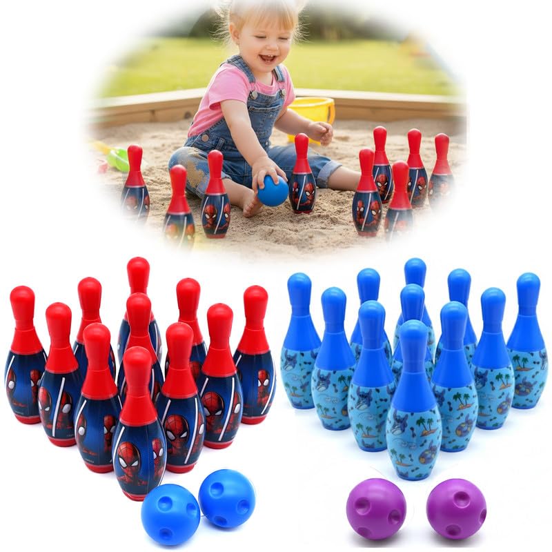 Mini Bowling Game Set – Spiderman and Disney Stitch – 20 Pins and 4 Balls – Indoor Outdoor Bowling Toy for Kids – Fun Gift for Boys and Girls 3+Years - Size: 11cm