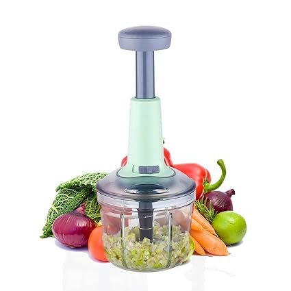 Prayati Easy to Use Hand Press Fruits and Vegetable Push Chopper 900ml for Kitchen 4 Sharp Stainless Steel Blades, Unbreakable Food-Grade Plastic, Anti-Slip Base,