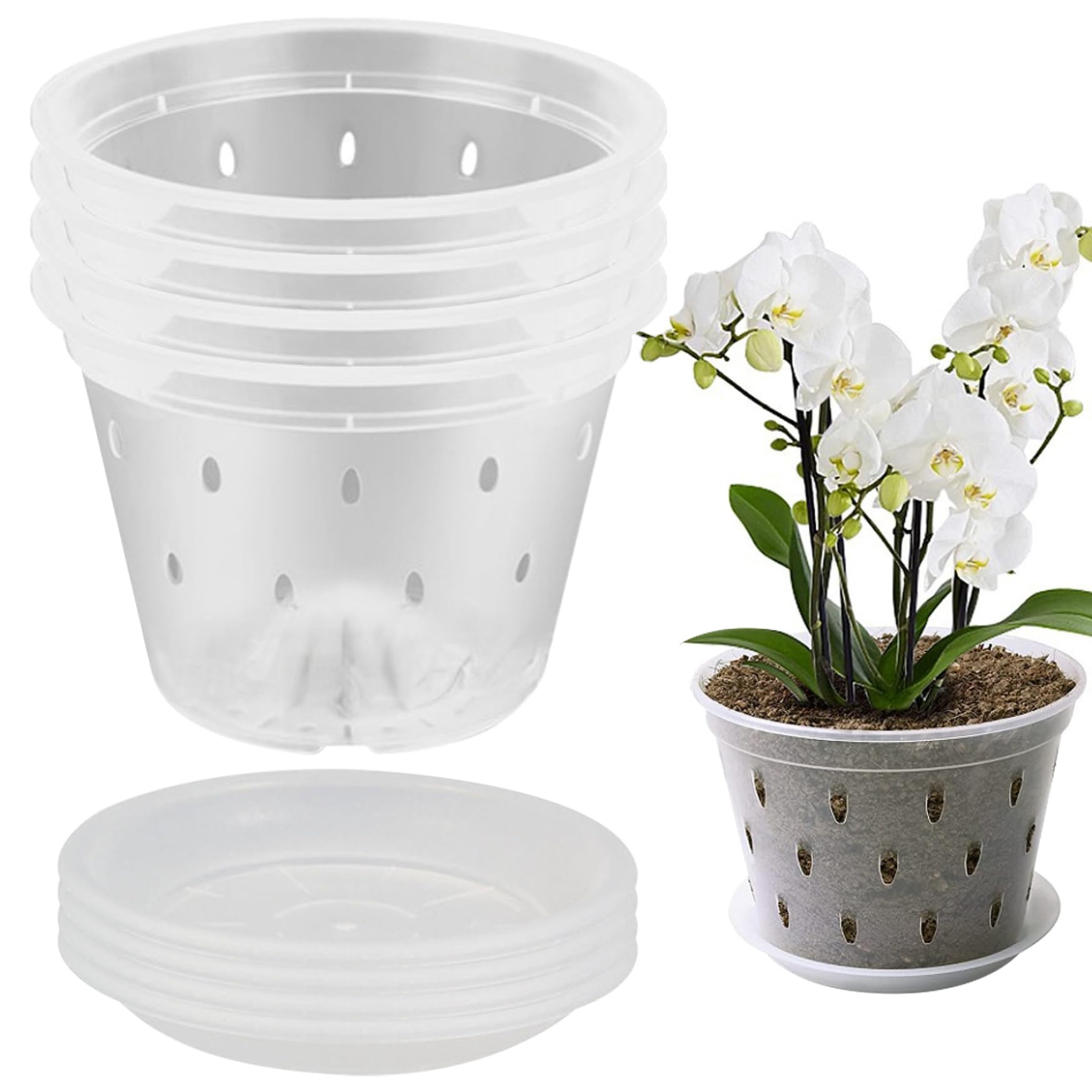 Lot de 4 pots à orchidées transparents avec trous et soucoupes pour rempotage