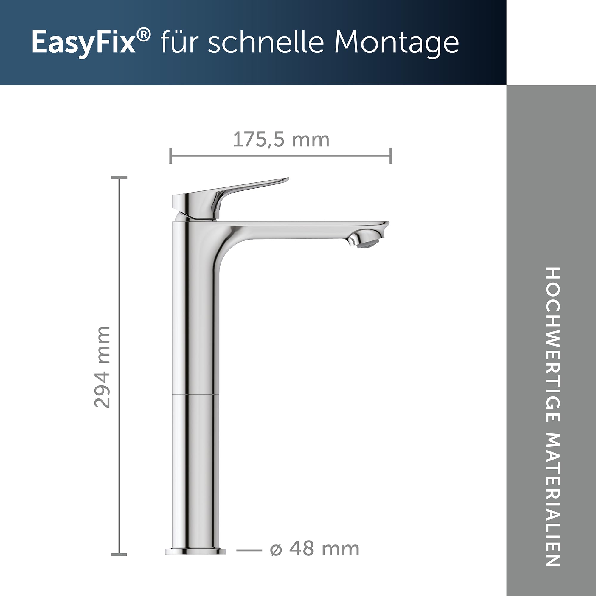 Ideal Standard Alero Waschtischarmatur, Auslaufhöhe 240 mm, wassersparender Wasserhahn Badezimmer, besonders langlebig, mit Ablaufgarnitur – Chrom (48 x 175,5 x 294 mm)