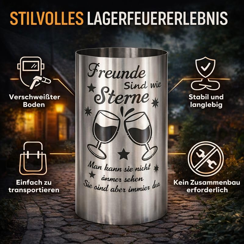 Feuertonne aus Stahl mit Spruch Freunde sind wie Sterne