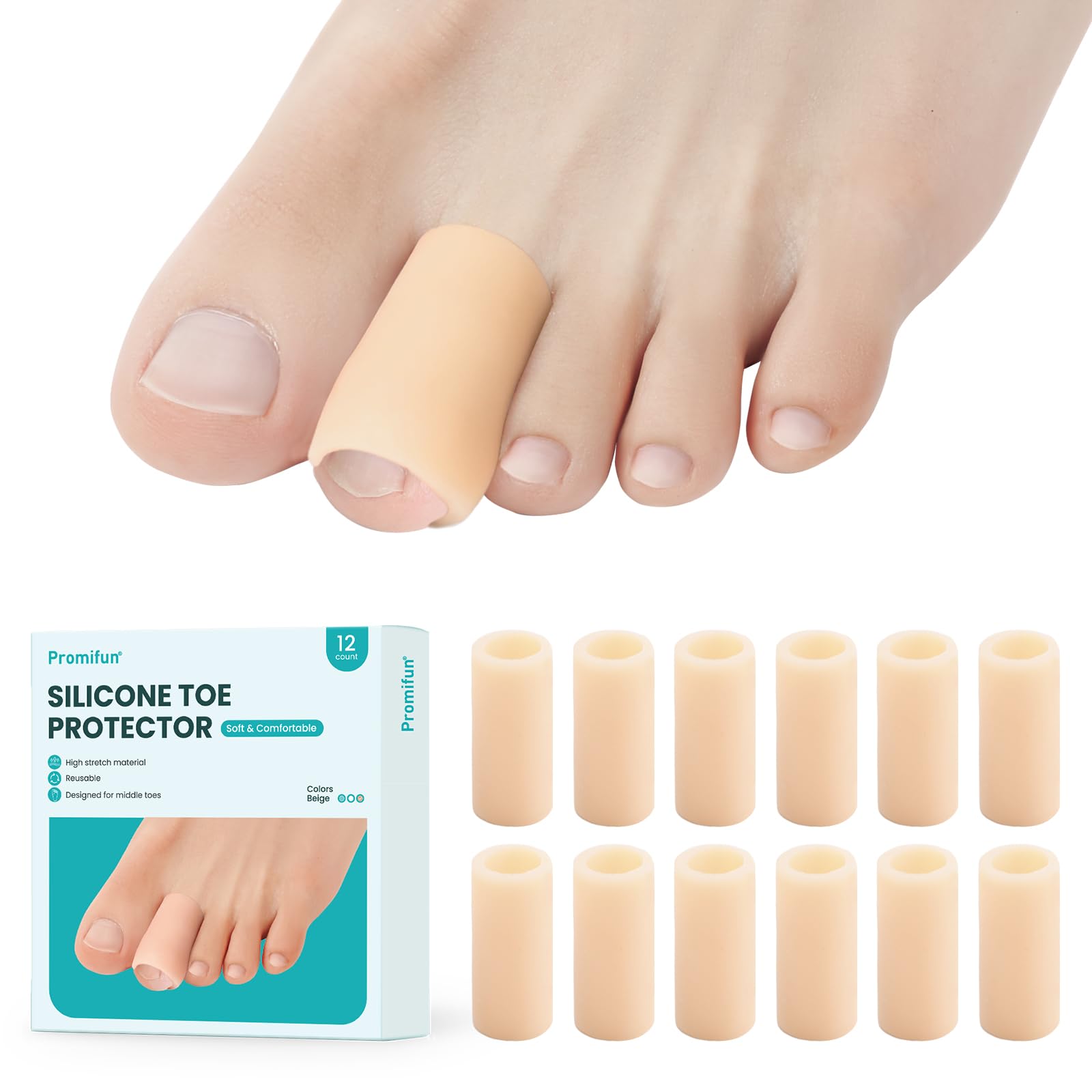 Promifun Protector de dedos de los pies - Paquete de 12 fundas de silicona protector dedos pie en martillo, callos, durezas y ampollas - Separadores de dedos para dedos superpuestos (Beige)