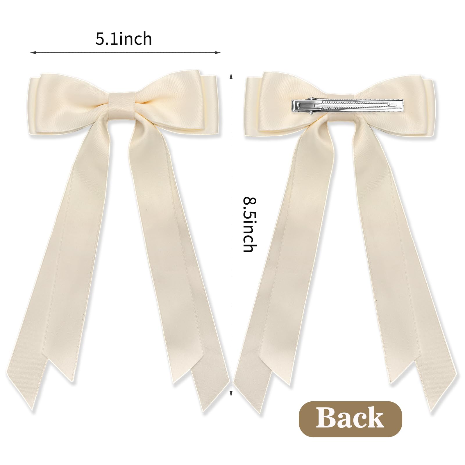 Lazos para el pelo para mujer, paquete de 2 cintas de satén sedoso para cola de caballo, pinzas para el cabello, lazos para el cabello beige y negro con cola larga para regalo de cumpleaños 3