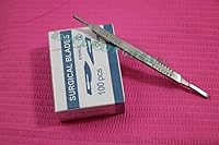 Vista 1 de Cynamed 1 mango de cuchillo de bisturí # 3 y 4 + 100 piezas de hoja estéril #10#15#20#22 Juego de cuchillos básicos de bisturí