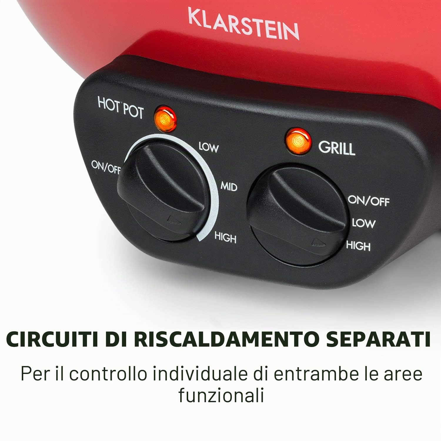KLARSTEIN Szechuan - Hot Pot e Piastra, Grill Elettrico senza Fumo, Pentola Elettrica Multifunzione, 5 L, Hot Pot: 1350 Watt/38 cm Ø, Piastra: 600 W/22 cm Ø, Elemento Riscaldante in Alluminio, Rosso