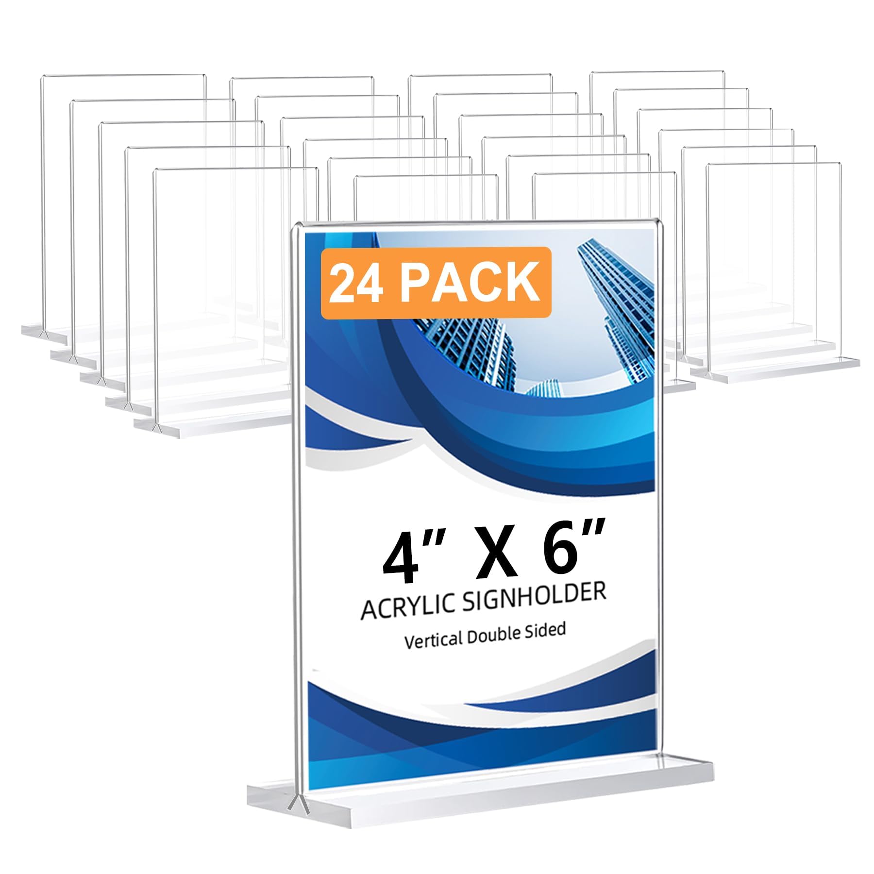 24 Pack Acrylic Sign Holder 4 x 6, Double-Sided Clear Sign Holder Plastic Stands for Display, T Shape Acrylic Table Sign Stands for Office Store