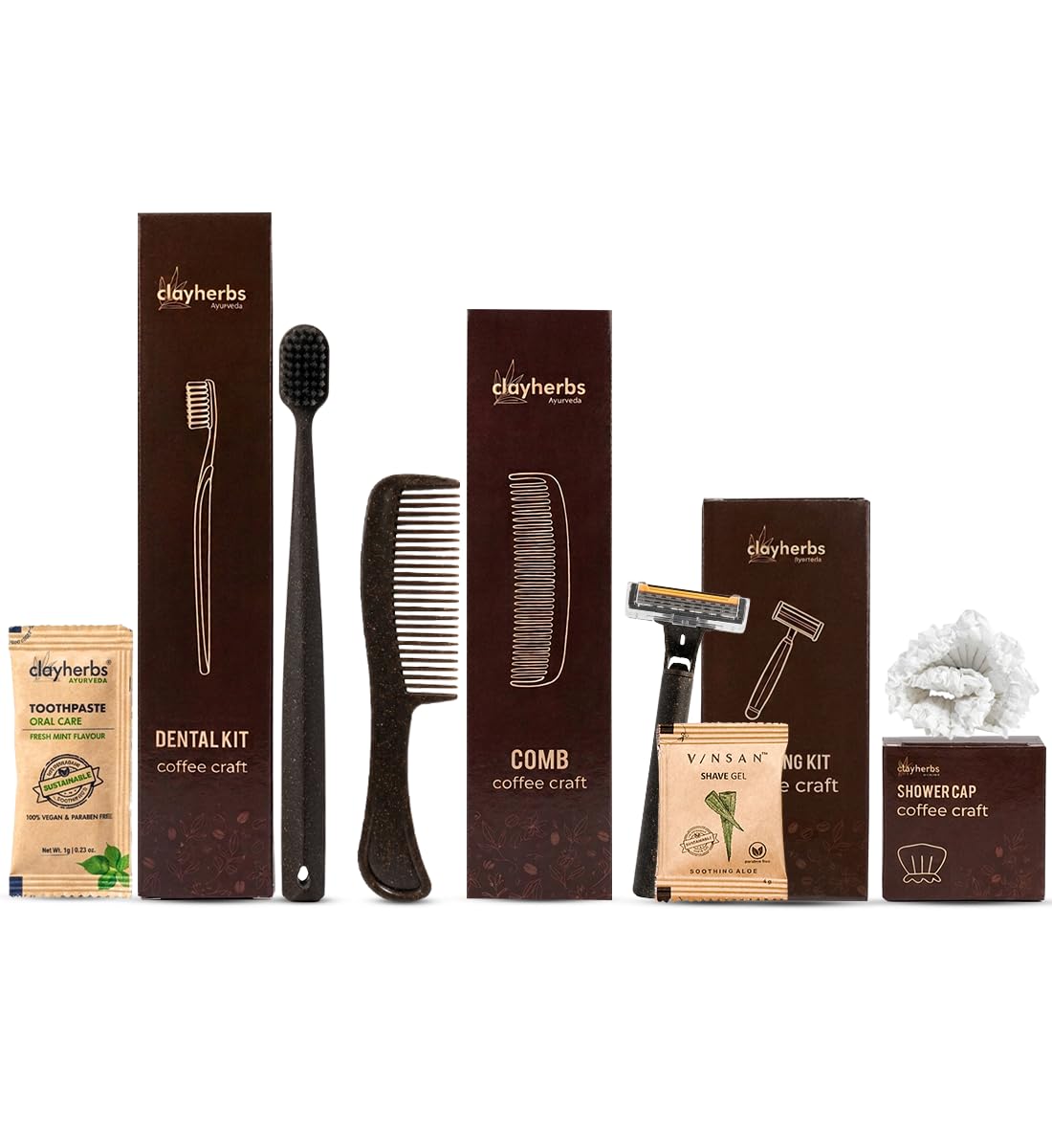 Clayberbs (Pack -50 Setss)"Coffee Craft" Sustainable Hotel Amenity Kit | Eco-Friendly Guest Toiletries for Luxury Resorts | 4-Piece Set: Coffee-Ground Infused Dental Kit, Shaving Kit, Comb, & Shower Cap-image-26