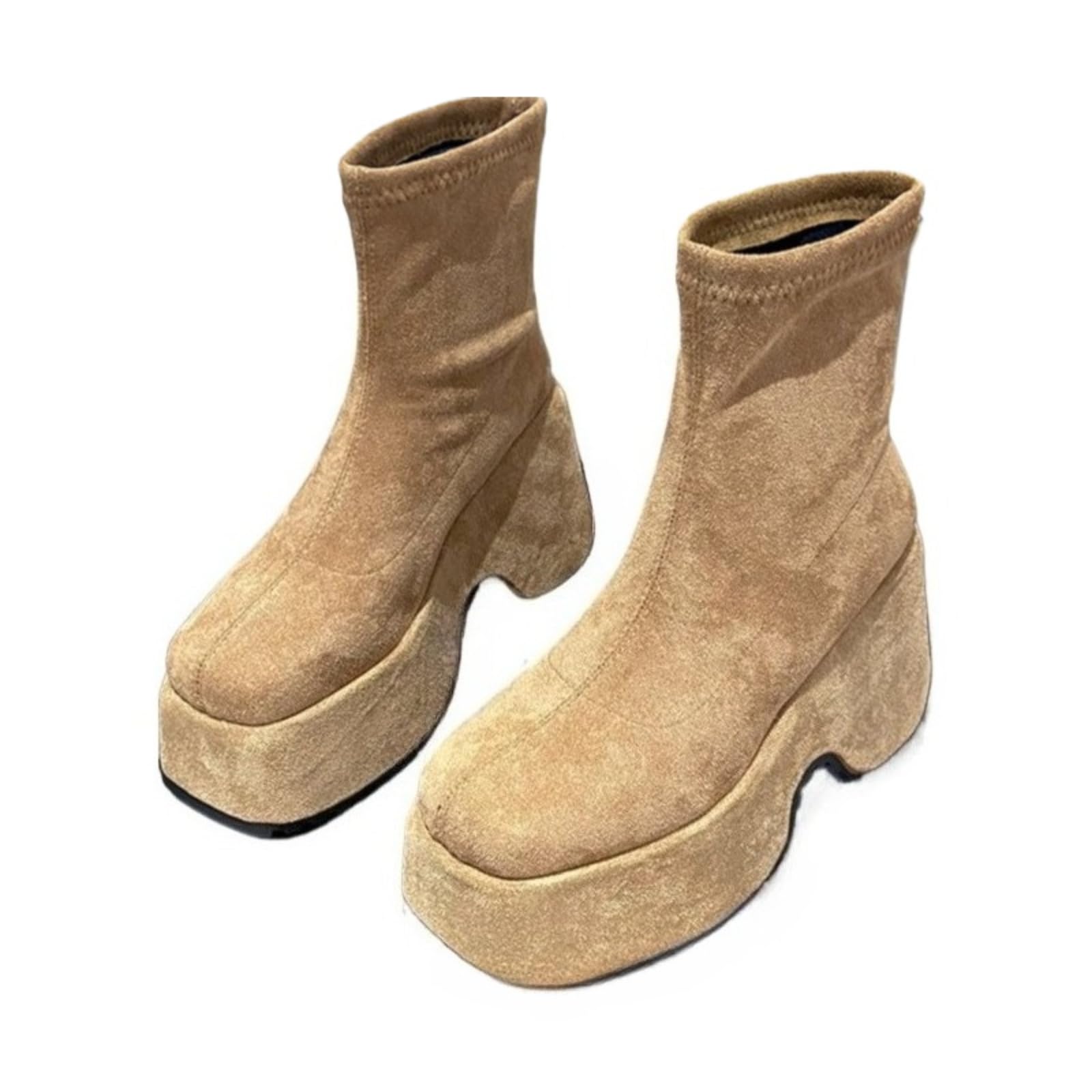 Womens Retro Square Toe Platform Boots 10CM Wedge Elevated Ankle Booties Elastic Mid-Calf Thick Sole Shoes for Street