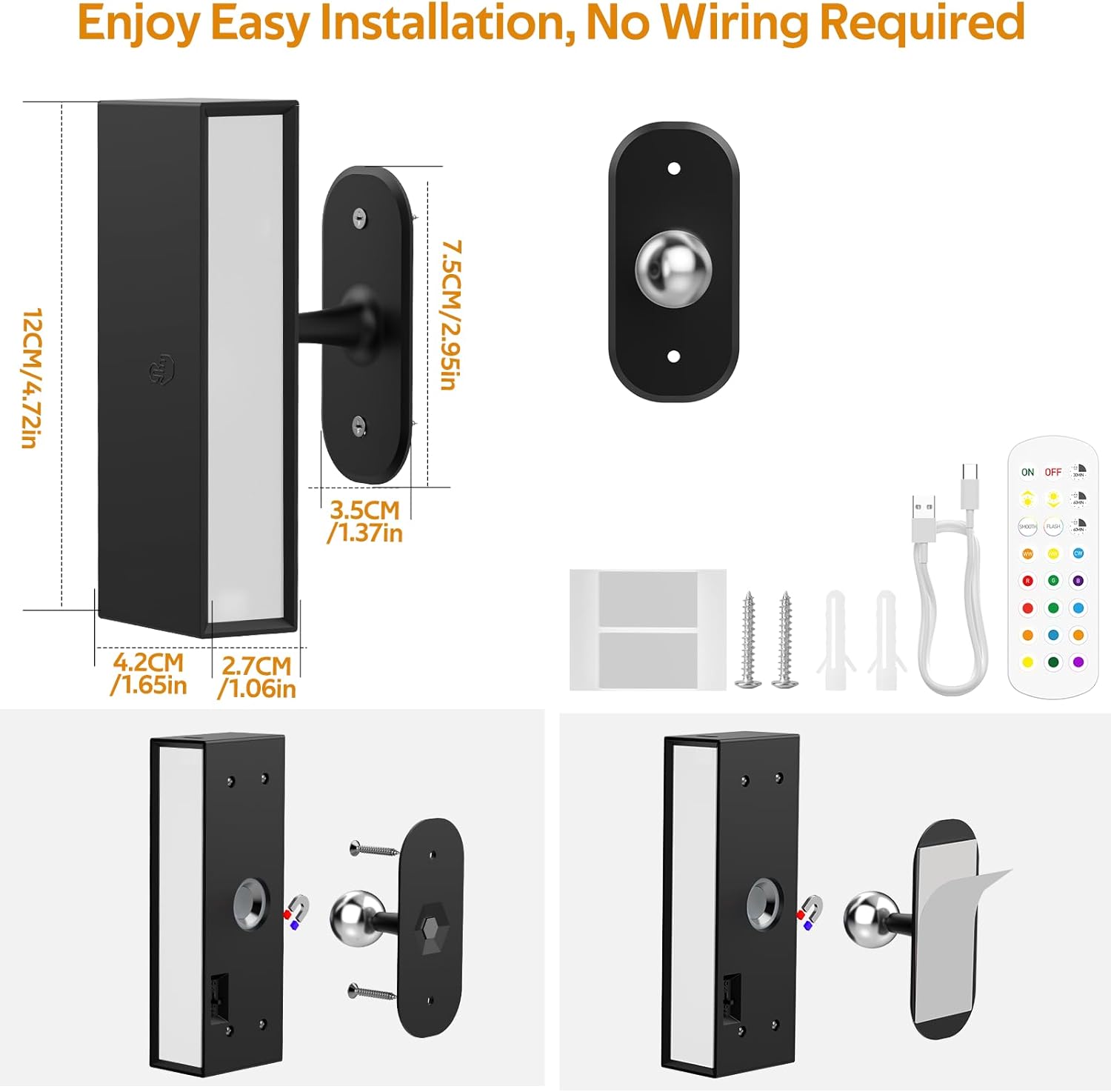 LABOREDUCER LED Wall Lights 2 Pack with Remote,Wall Sconces Lamp 3000mAh Rechargeable Battery Operated,3 Color Temperatures & 12 RGB Dimmable Magnetic 360° Rotation Cordless Light (Black)